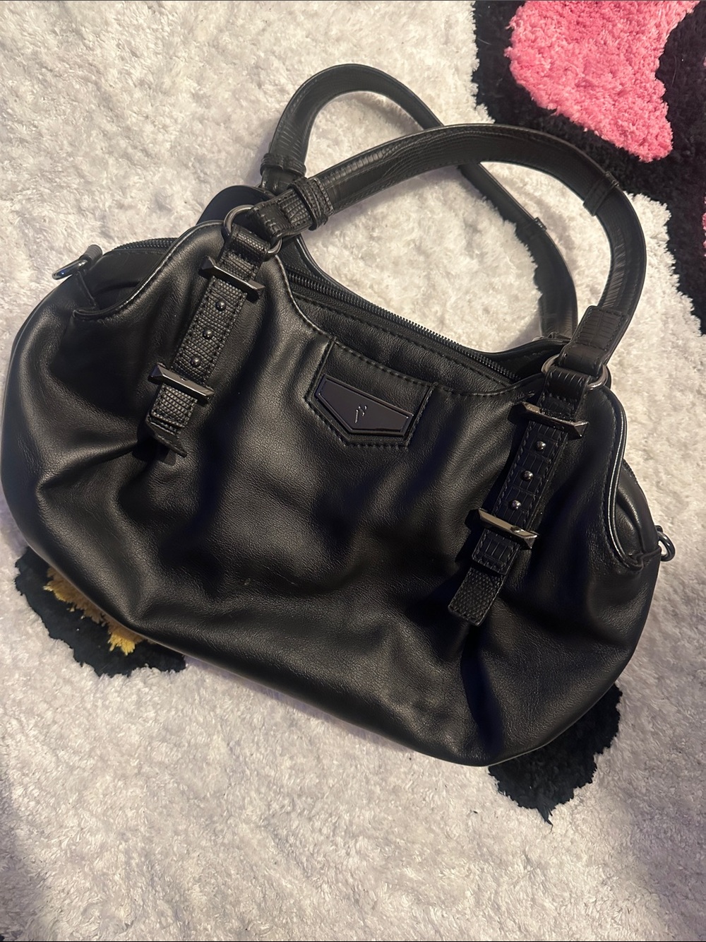 Women's Black Leather Shoulder Bag with Buckle Accents